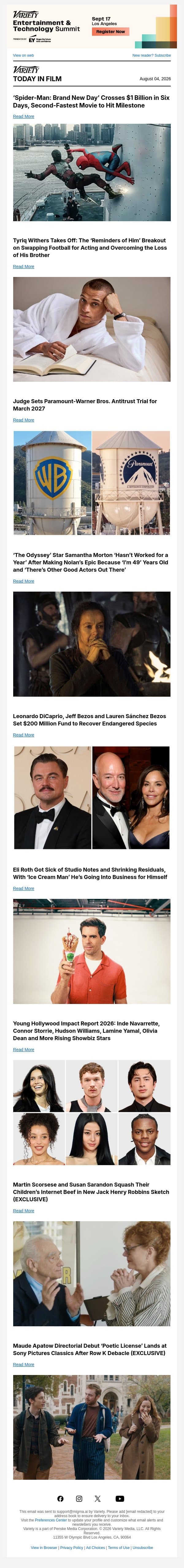 'Brand New Day’ Crosses $1 Billion; Tyriq Withers Interview; Judge Sets Paramount-WB. Antitrust Trial email from Variety screenshot