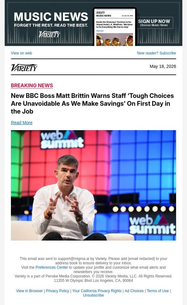 New BBC Boss Matt Brittin Warns Staff ‘Tough Choices Are Unavoidable As We Make Savings’ On First Day in the Job email from Variety screenshot