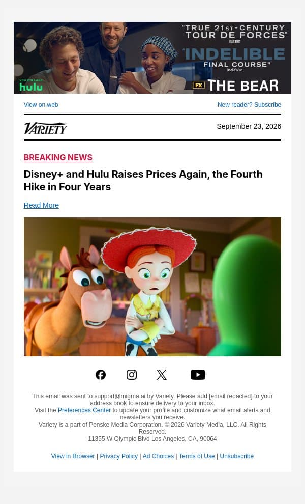 Disney+ and Hulu Raises Prices Again, the Fourth Hike in Four Years email from Variety screenshot