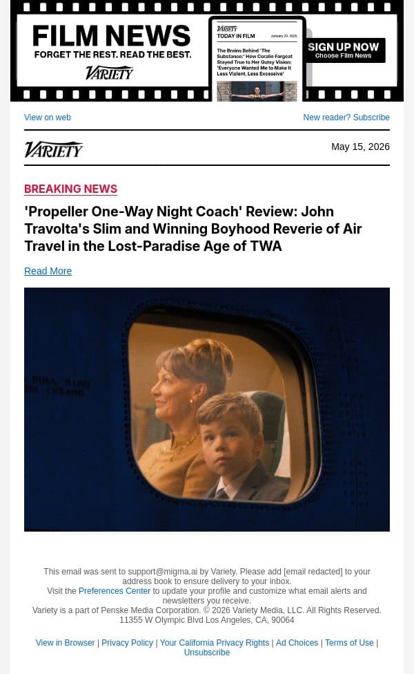 'Propeller One-Way Night Coach' Review: John Travolta's Slim and Winning Boyhood Reverie of Air Travel in the Lost-Paradise Age of TWA email from Variety screenshot