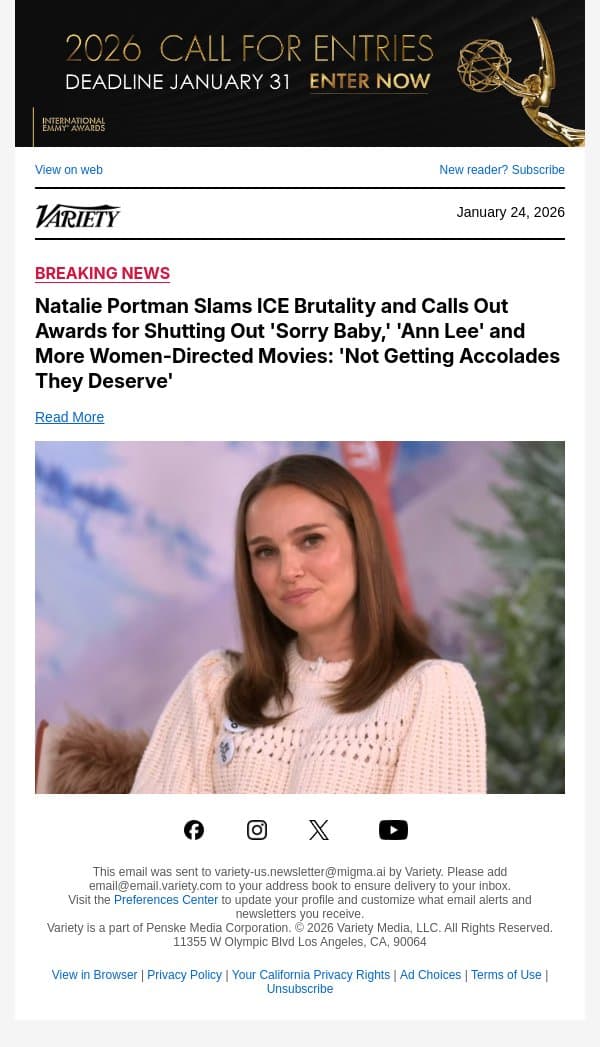 Natalie Portman Slams ICE Brutality and Calls Out Awards for Shutting Out 'Sorry Baby,' 'Ann Lee' and More Women-Directed Movies: 'Not Getting Accolades They Deserve' email from Variety screenshot