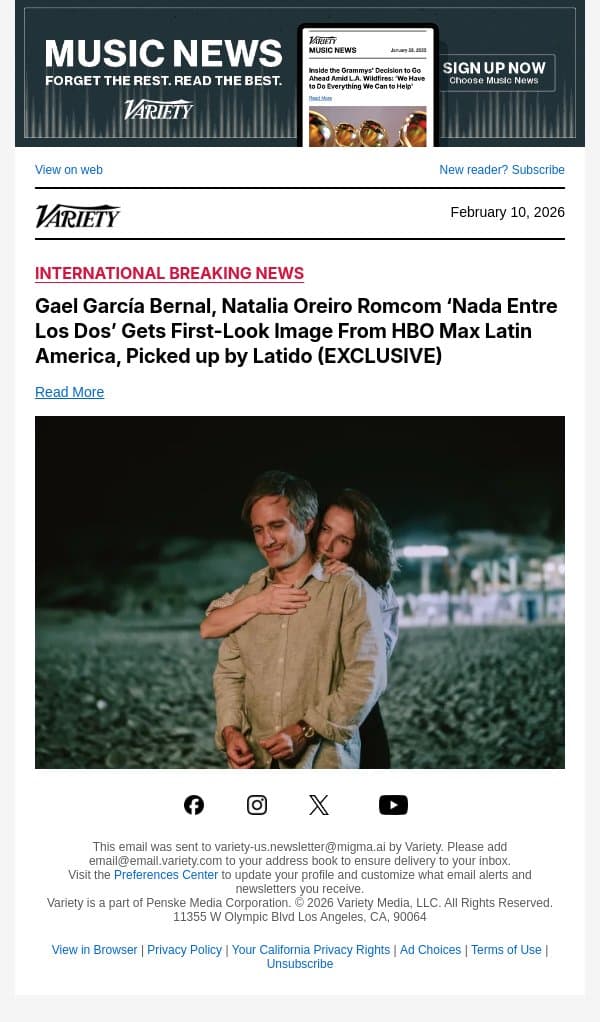 Gael García Bernal, Natalia Oreiro Romcom ‘Nada Entre Los Dos’ Gets First-Look Image From HBO Max Latin America, Picked up by Latido (EXCLUSIVE) email from Variety screenshot