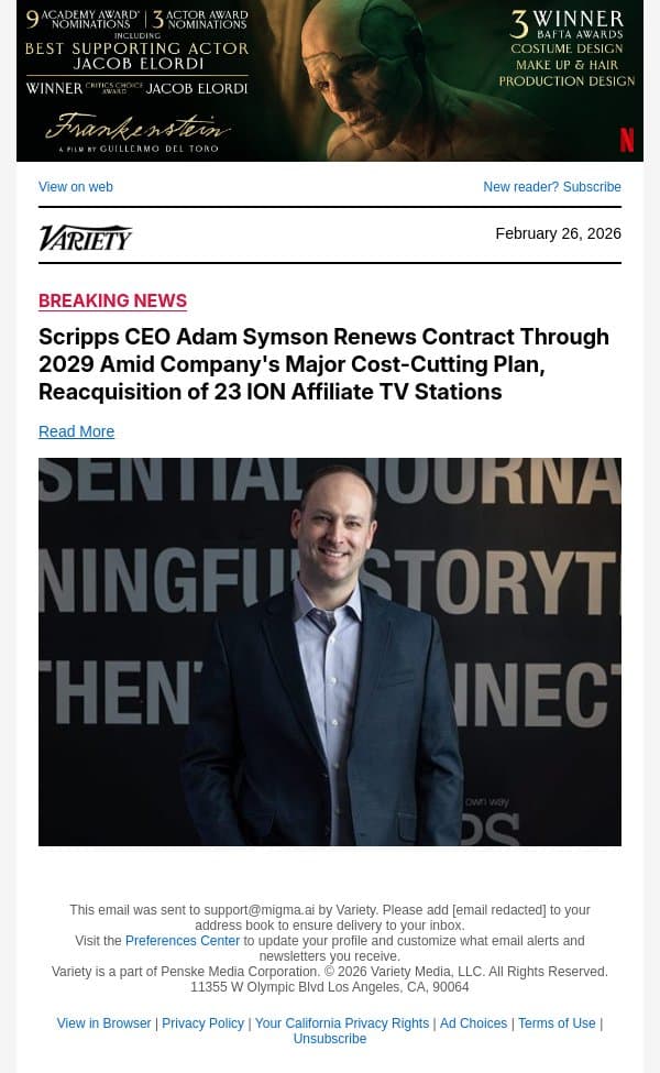 Scripps CEO Adam Symson Renews Contract Through 2029 Amid Company's Major Cost-Cutting Plan, Reacquisition of 23 ION Affiliate TV Stations email from Variety screenshot