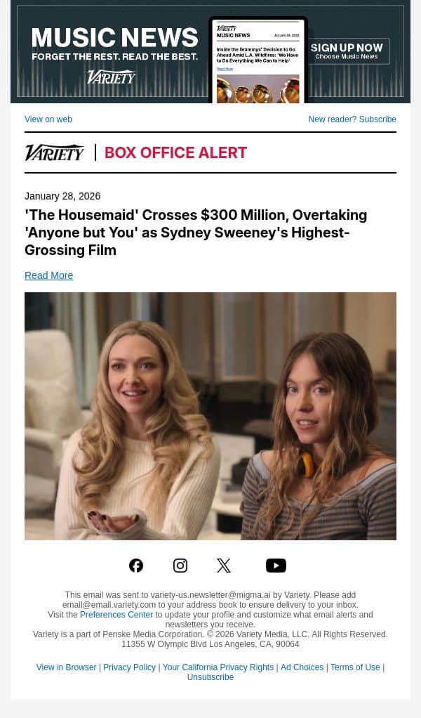 'The Housemaid' Crosses $300 Million, Overtaking 'Anyone but You' as Sydney Sweeney's Highest-Grossing Film email from Variety screenshot