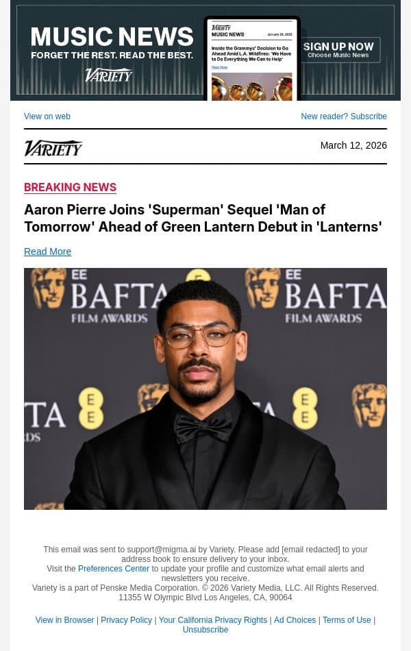 Aaron Pierre Joins 'Superman' Sequel 'Man of Tomorrow' Ahead of Green Lantern Debut in 'Lanterns' email from Variety screenshot