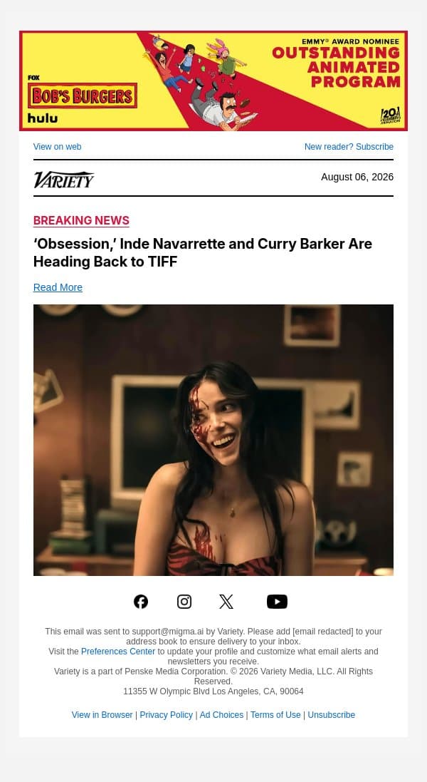 ‘Obsession,’ Inde Navarrette and Curry Barker Are Heading Back to TIFF email from Variety screenshot