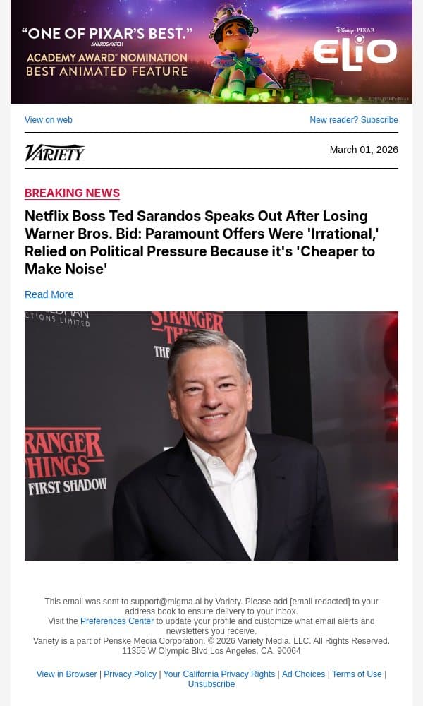 Netflix Boss Ted Sarandos Speaks Out After Losing Warner Bros. Bid: Paramount Offers Were 'Irrational,' Relied on Political Pressure Because it's 'Cheaper to Make Noise' email from Variety screenshot