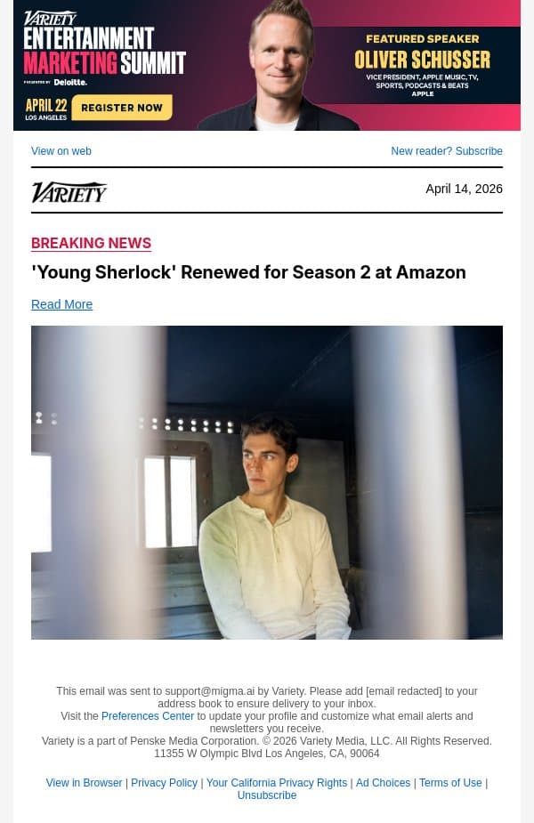 'Young Sherlock' Renewed for Season 2 at Amazon email from Variety screenshot