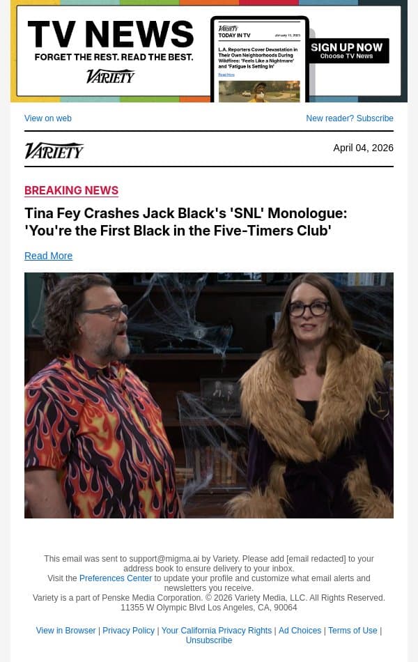 Tina Fey Crashes Jack Black's 'SNL' Monologue: 'You're the First Black in the Five-Timers Club' email from Variety screenshot