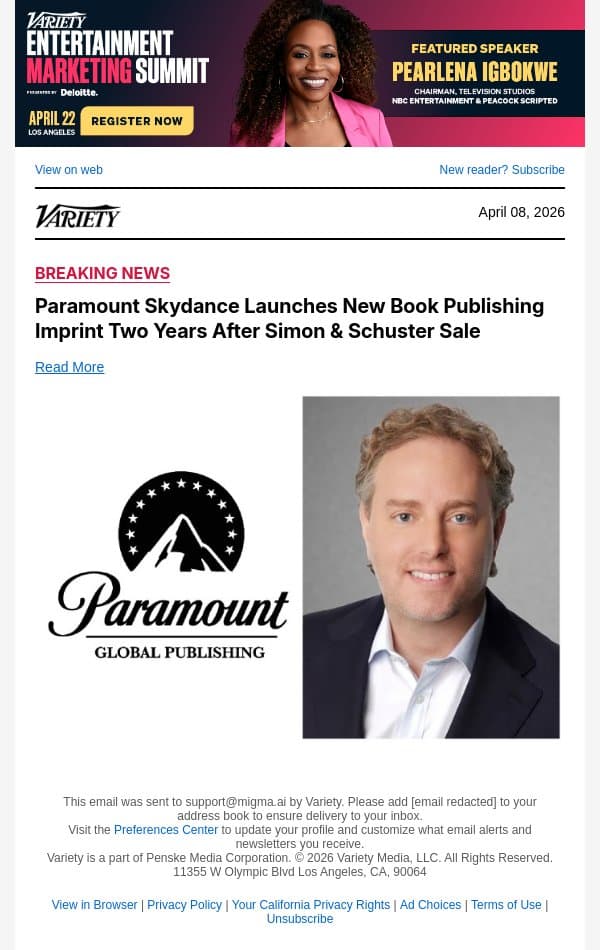 Paramount Skydance Launches New Book Publishing Imprint Two Years After Simon and Schuster Sale email from Variety screenshot