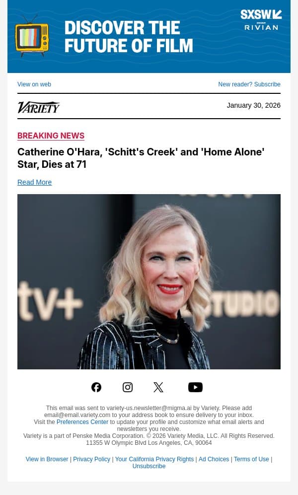 Catherine O'Hara, 'Schitt's Creek' and 'Home Alone' Star, Dies at 71 email from Variety screenshot