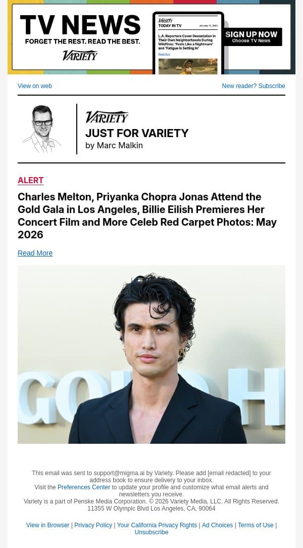 Charles Melton, Priyanka Chopra Jonas Attend the Gold Gala in Los Angeles, Billie Eilish Premieres Her Concert Film and More Celeb Red Carpet Photos: May 2026 email from Variety screenshot