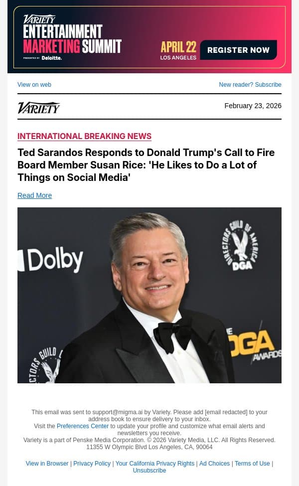 Ted Sarandos Responds to Donald Trump's Call to Fire Board Member Susan Rice: 'He Likes to Do a Lot of Things on Social Media' email from Variety screenshot