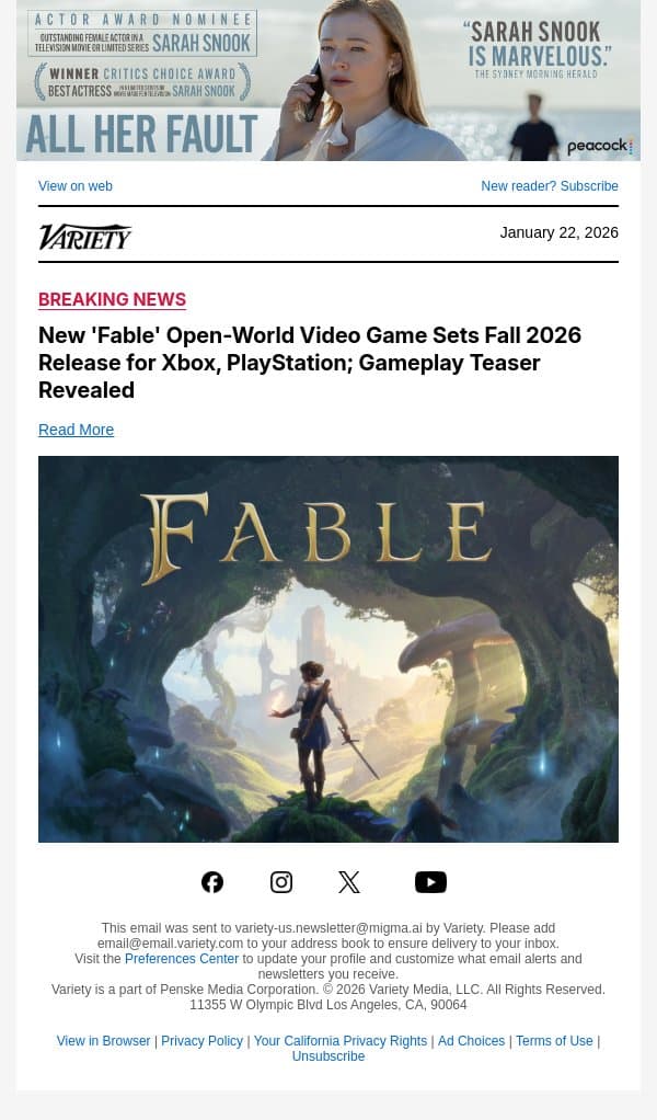 New 'Fable' Open-World Video Game Sets Fall 2026 Release for Xbox, PlayStation; Gameplay Teaser Revealed email from Variety screenshot