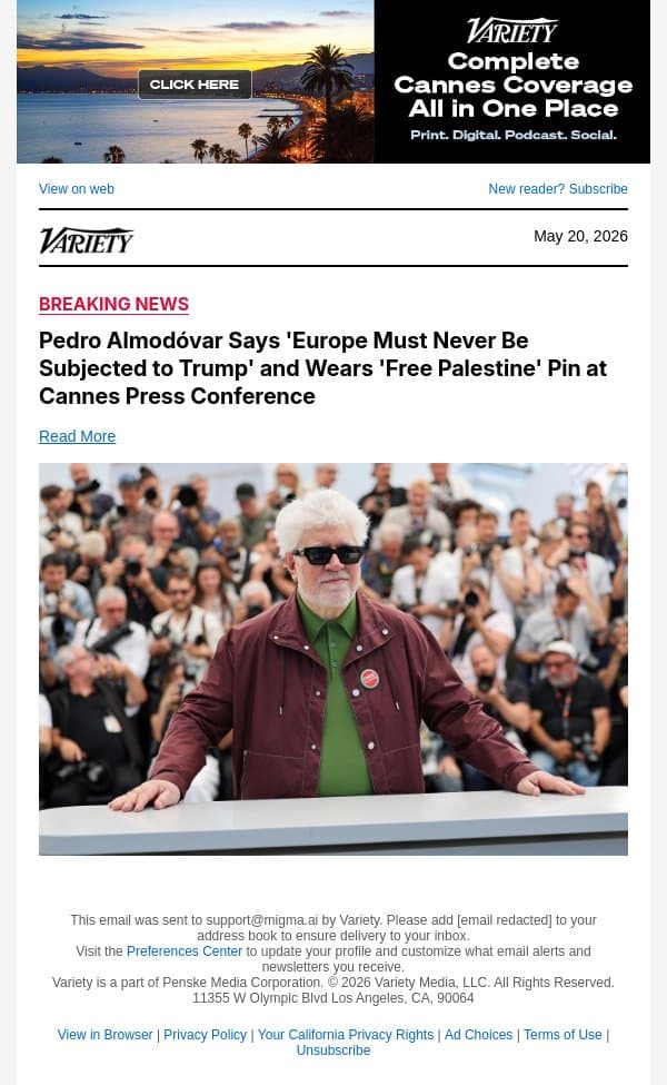 Pedro Almodóvar Says 'Europe Must Never Be Subjected to Trump' and Wears 'Free Palestine' Pin at Cannes Press Conference email from Variety screenshot
