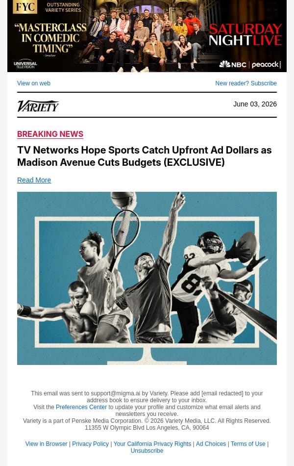 TV Networks Hope Sports Catch Upfront Ad Dollars as Madison Avenue Cuts Budgets (EXCLUSIVE) email from Variety screenshot