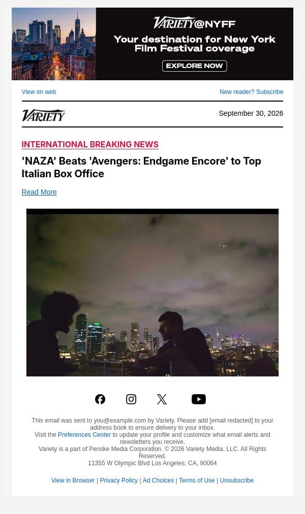 'NAZA' Beats 'Avengers: Endgame Encore' to Top Italian Box Office email from Variety screenshot