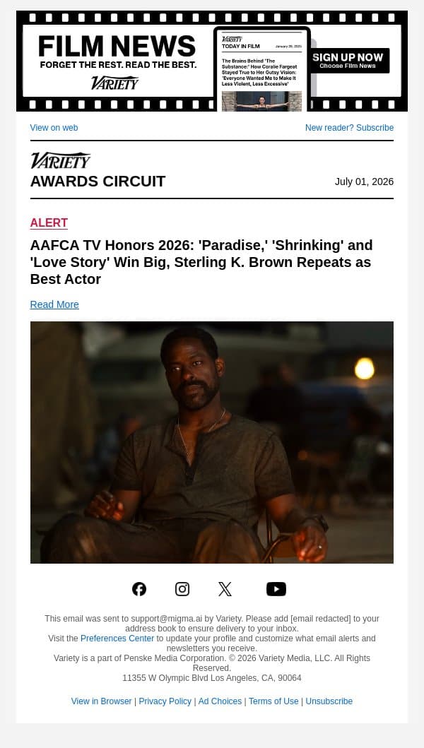 AAFCA TV Honors 2026: 'Paradise,' 'Shrinking' and 'Love Story' Win Big, Sterling K. Brown Repeats as Best Actor email from Variety screenshot