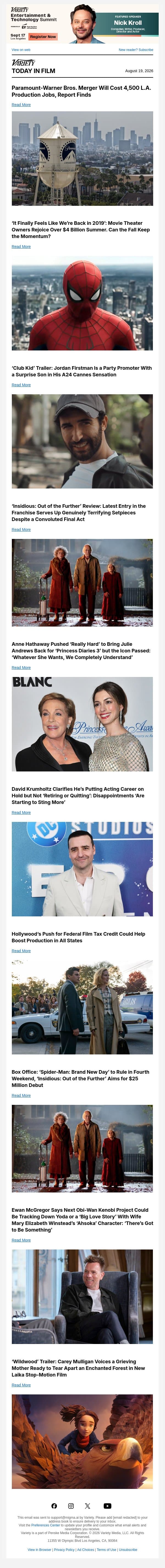 Paramount-WB Merger Will Cost 4,500 L.A. Production Jobs; $4 Billion Summer Box Office; ‘Club Kid’ Trailer email from Variety screenshot