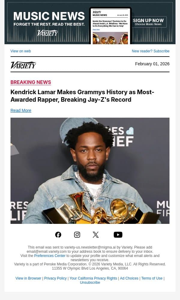 Kendrick Lamar Makes Grammys History as Most-Awarded Rapper, Breaking Jay-Z's Record email from Variety screenshot