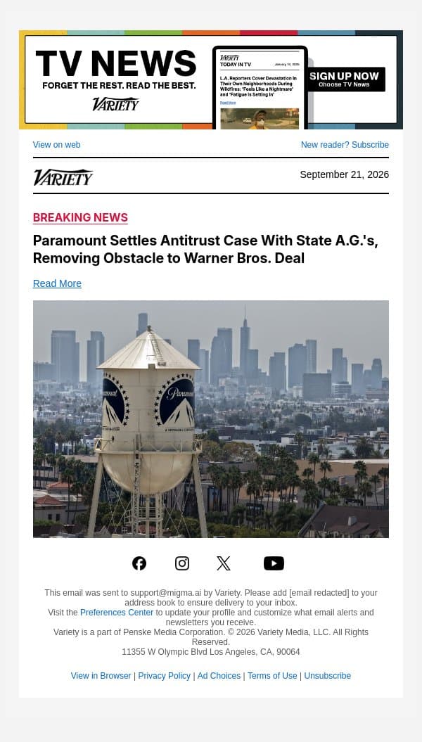 Paramount Settles Antitrust Case With State A.G.'s, Removing Obstacle to Warner Bros. Deal email from Variety screenshot