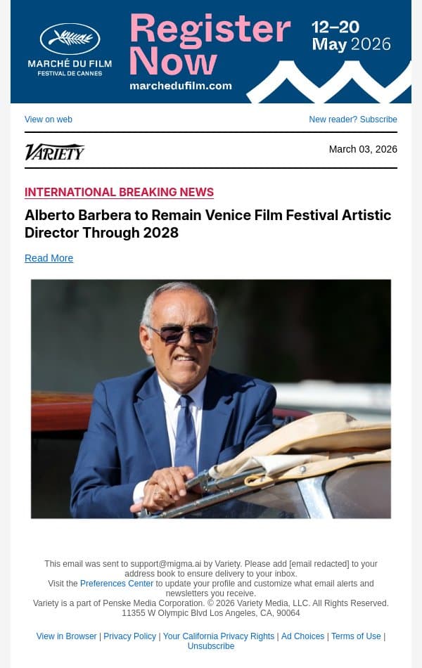 Alberto Barbera to Remain Venice Film Festival Artistic Director Through 2028 email from Variety screenshot