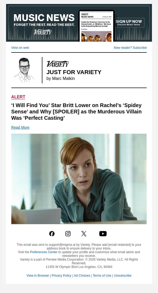 ‘I Will Find You’ Star Britt Lower on Rachel’s ‘Spidey Sense’ and Why [SPOILER] as the Murderous Villain Was ‘Perfect Casting’ email from Variety screenshot