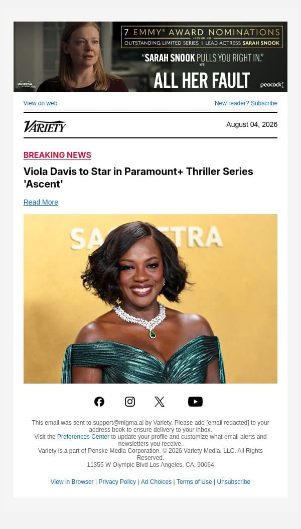 Viola Davis to Star in Paramount+ Thriller Series 'Ascent' email from Variety screenshot
