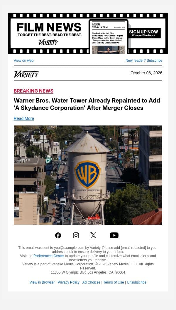 Warner Bros. Water Tower Already Repainted to Add 'A Skydance Corporation' After Merger Closes email from Variety screenshot