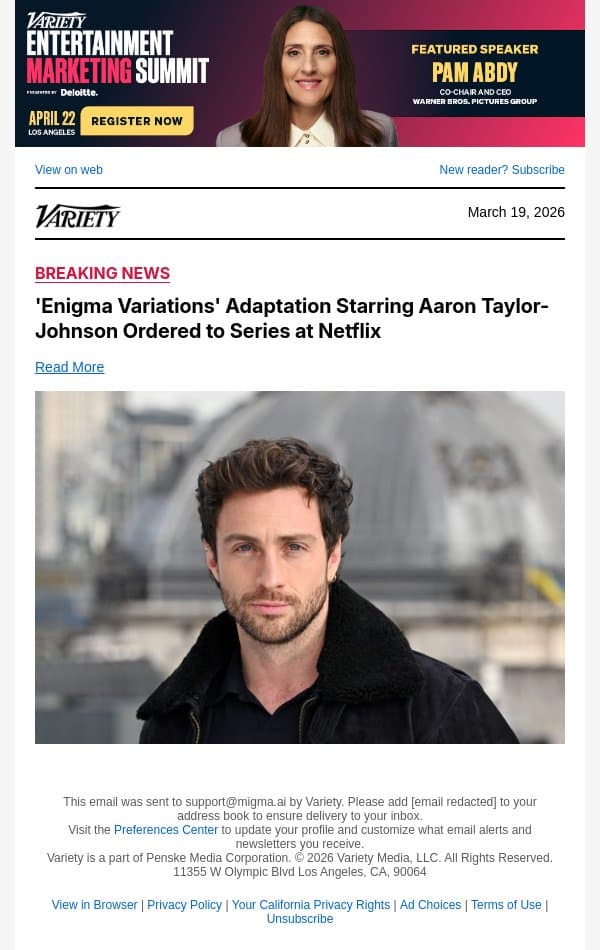 'Enigma Variations' Adaptation Starring Aaron Taylor-Johnson Ordered to Series at Netflix email from Variety screenshot