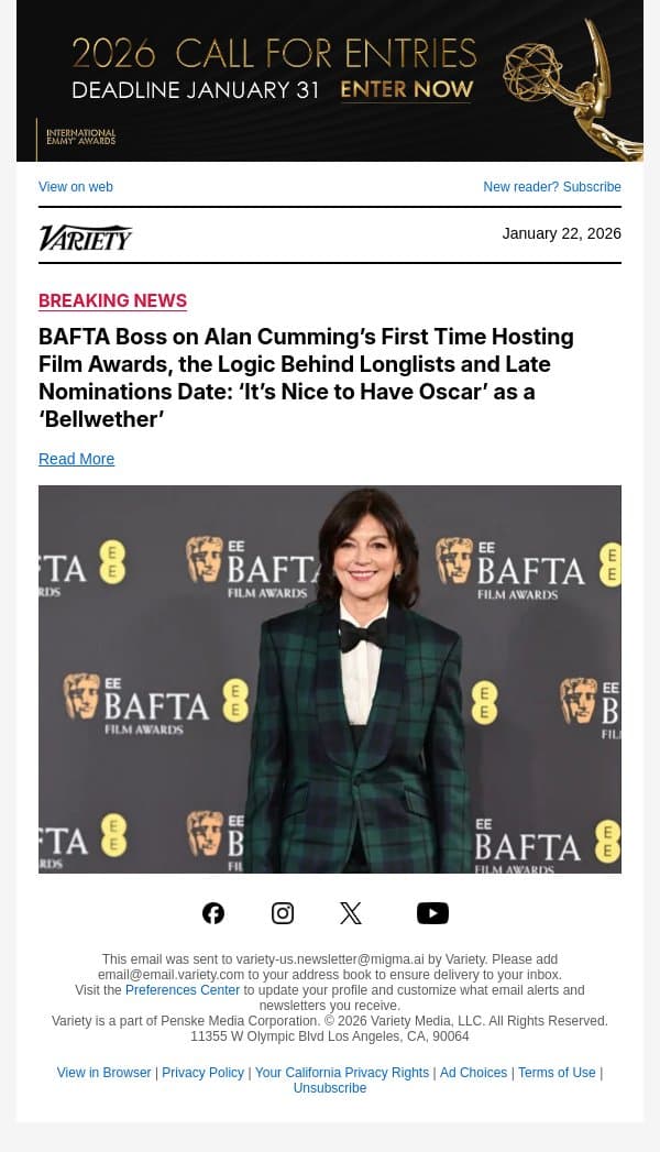 BAFTA Boss on Alan Cumming’s First Time Hosting Film Awards, the Logic Behind Longlists and Late Nominations Date: ‘It’s Nice to Have Oscar’ as a ‘Bellwether’ email from Variety screenshot