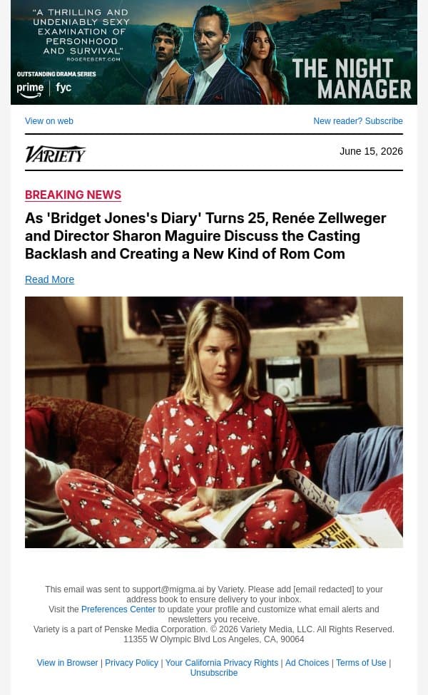 As 'Bridget Jones's Diary' Turns 25, Renée Zellweger and Director Sharon Maguire Discuss the Casting Backlash and Creating a New Kind of Rom Com email from Variety screenshot