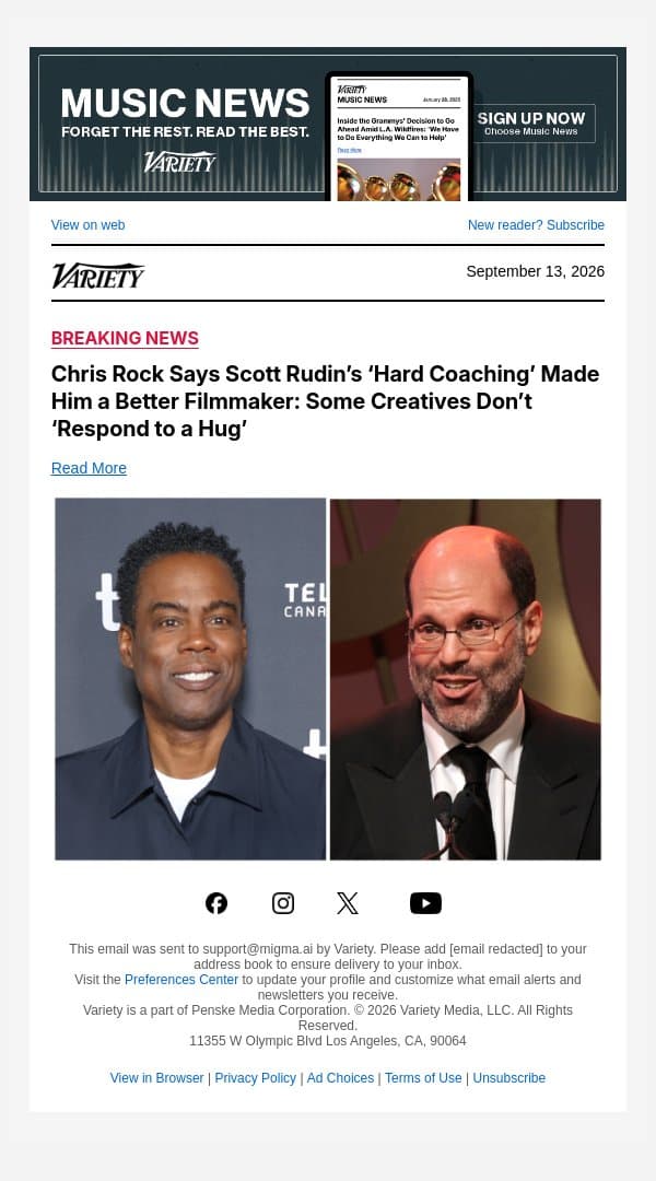 Chris Rock Says Scott Rudin’s ‘Hard Coaching’ Made Him a Better Filmmaker: Some Creatives Don’t ‘Respond to a Hug’ email from Variety screenshot