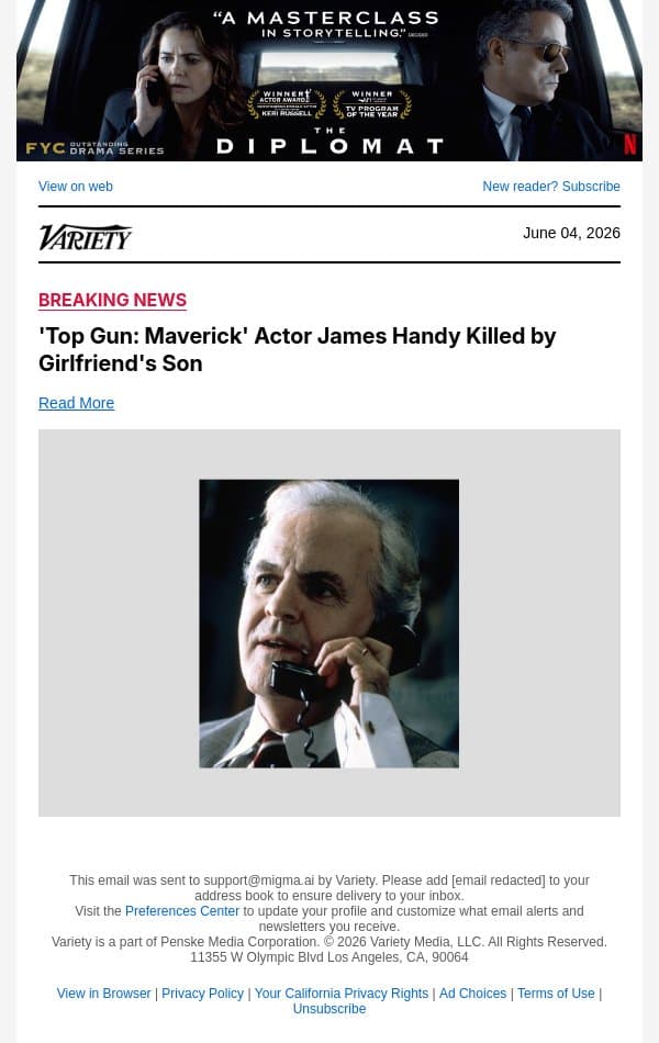 'Top Gun: Maverick' Actor James Handy Killed by Girlfriend's Son email from Variety screenshot