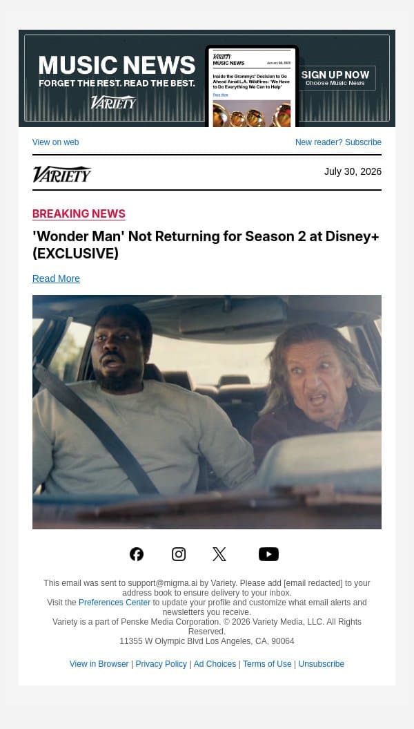 'Wonder Man' Not Returning for Season 2 at Disney+ (EXCLUSIVE) email from Variety screenshot