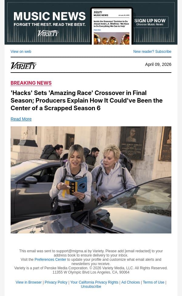 'Hacks' Sets 'Amazing Race' Crossover in Final Season; Producers Explain How It Could've Been the Center of a Scrapped Season 6 email from Variety screenshot