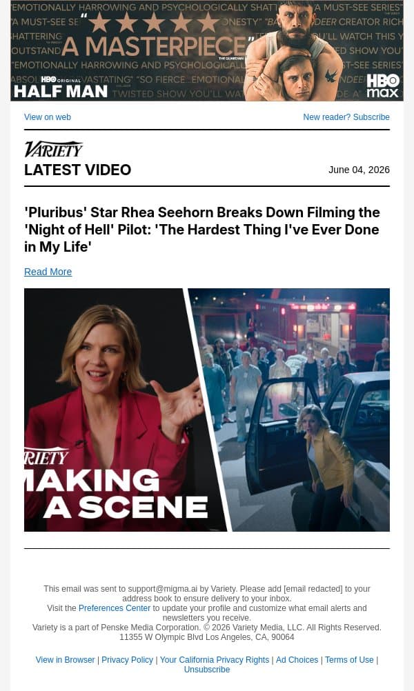'Pluribus' Star Rhea Seehorn Breaks Down Filming the 'Night of Hell' Pilot: 'The Hardest Thing I've Ever Done in My Life' email from Variety screenshot