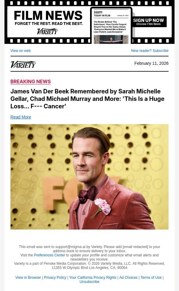 James Van Der Beek Remembered by Sarah Michelle Gellar, Chad Michael Murray and More: 'This Is a Huge Loss… F--- Cancer' email from Variety screenshot