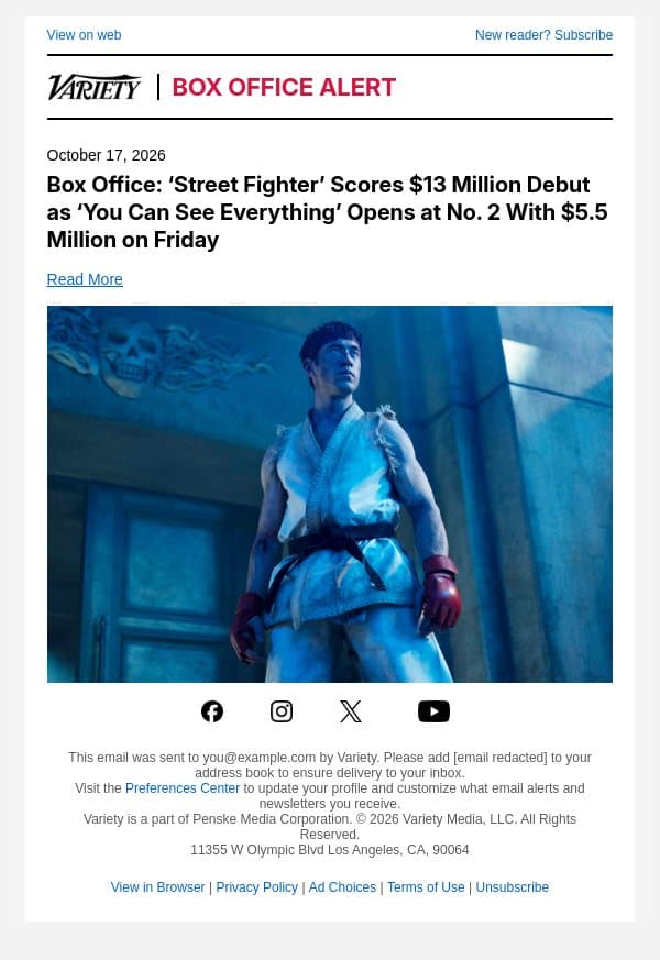 Box Office: ‘Street Fighter’ Scores $13 Million Debut as ‘You Can See Everything’ Opens at No. 2 With $5.5 Million on Friday email from Variety screenshot