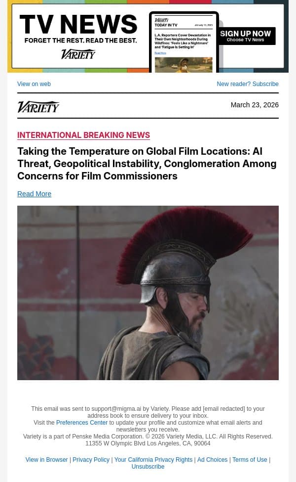 Taking the Temperature on Global Film Locations: AI Threat, Geopolitical Instability, Conglomeration Among Concerns for Film Commissioners email from Variety screenshot