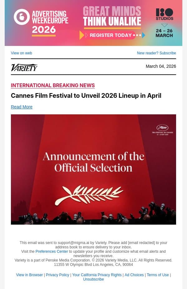 Cannes Film Festival to Unveil 2026 Lineup in April email from Variety screenshot