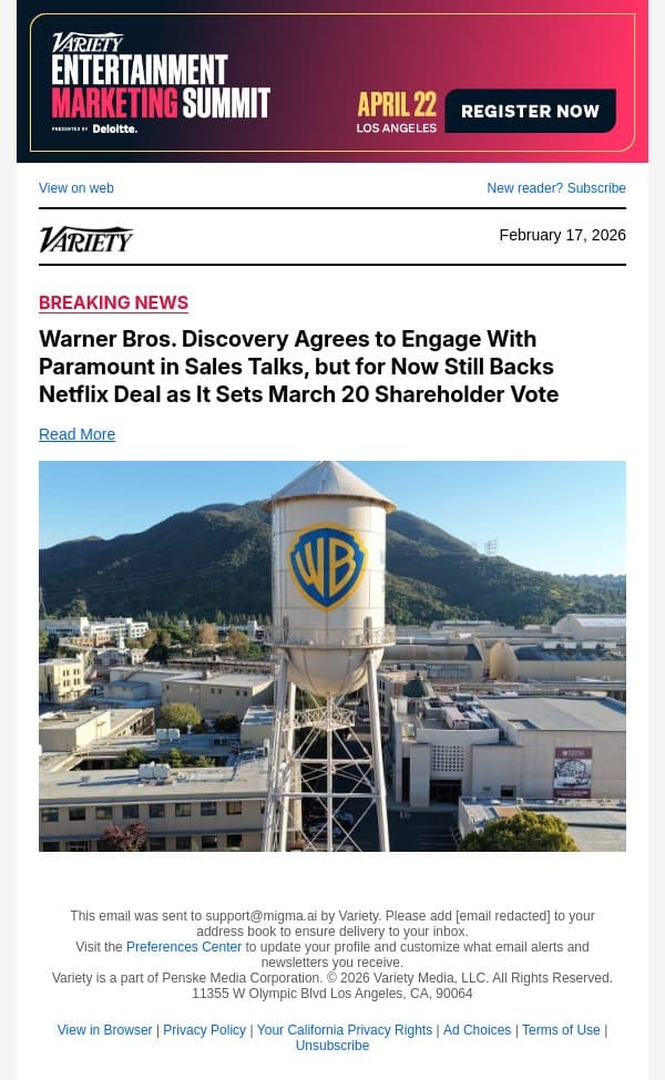 Warner Bros. Discovery Agrees to Engage With Paramount in Sales Talks, but for Now Still Backs Netflix Deal as It Sets March 20 Shareholder Vote email from Variety screenshot
