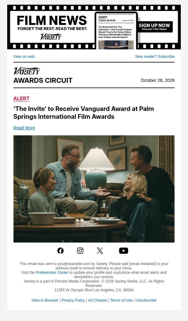 ‘The Invite’ to Receive Vanguard Award at Palm Springs International Film Awards email from Variety screenshot