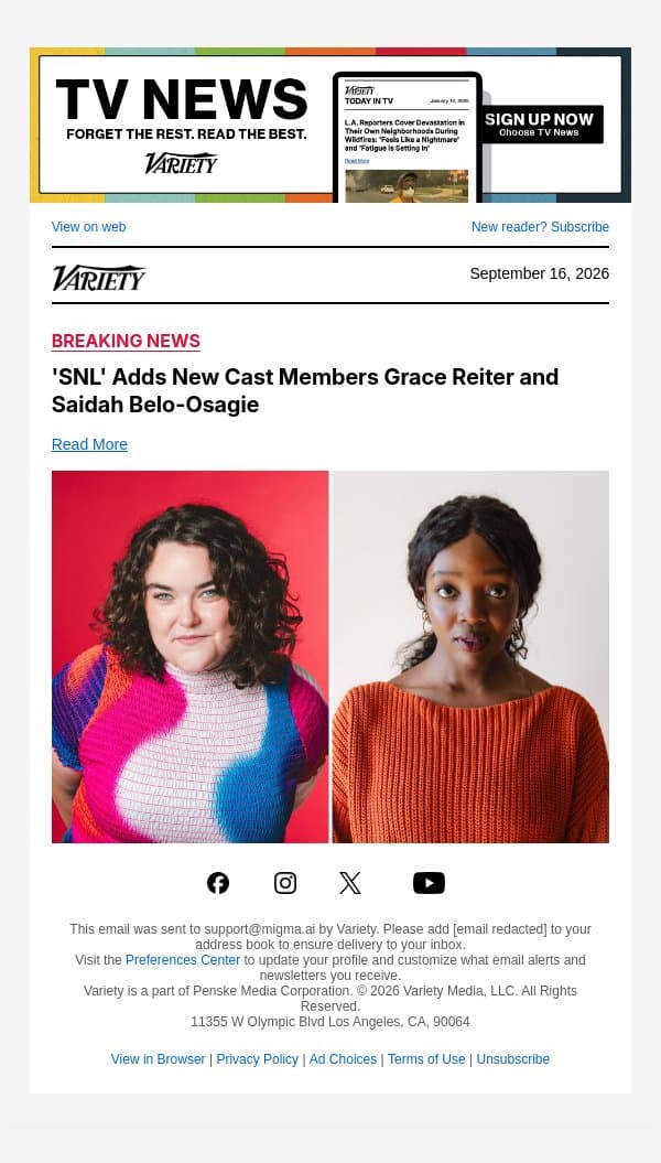 'SNL' Adds New Cast Members Grace Reiter and Saidah Belo-Osagie email from Variety screenshot