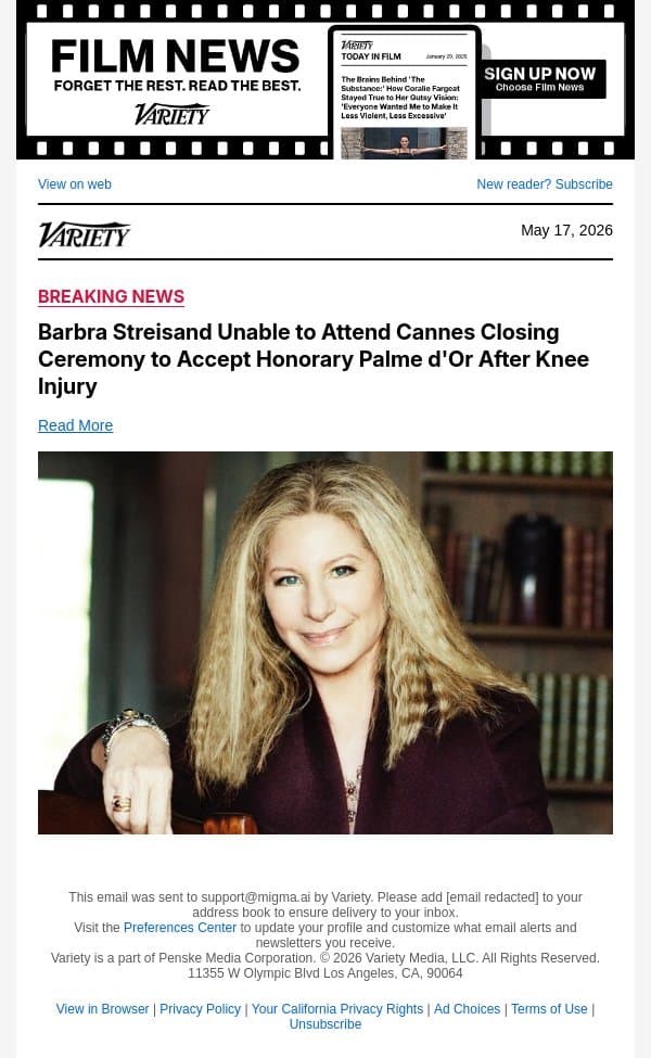 Barbra Streisand Unable to Attend Cannes Closing Ceremony to Accept Honorary Palme d'Or After Knee Injury email from Variety screenshot