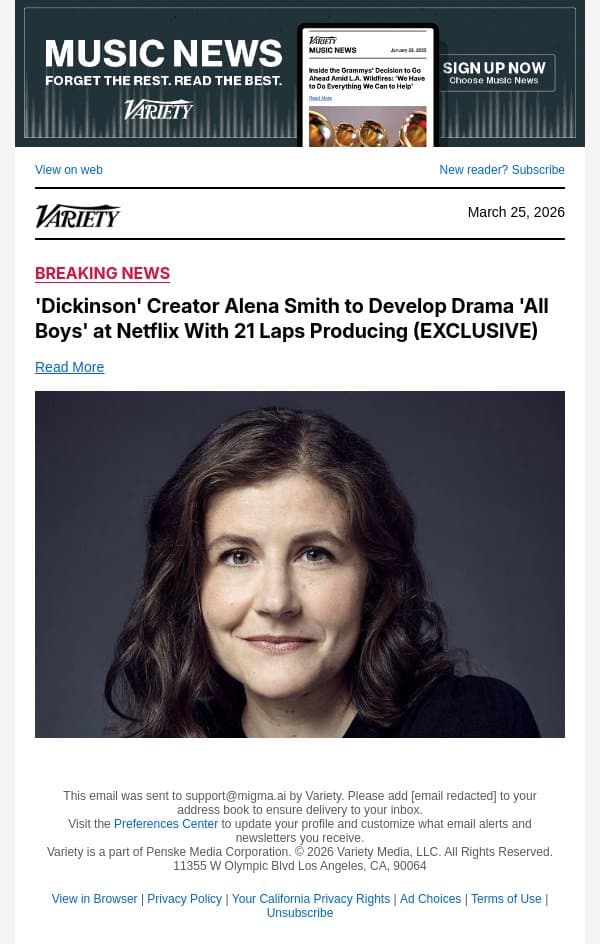 'Dickinson' Creator Alena Smith to Develop Drama 'All Boys' at Netflix With 21 Laps Producing (EXCLUSIVE) email from Variety screenshot