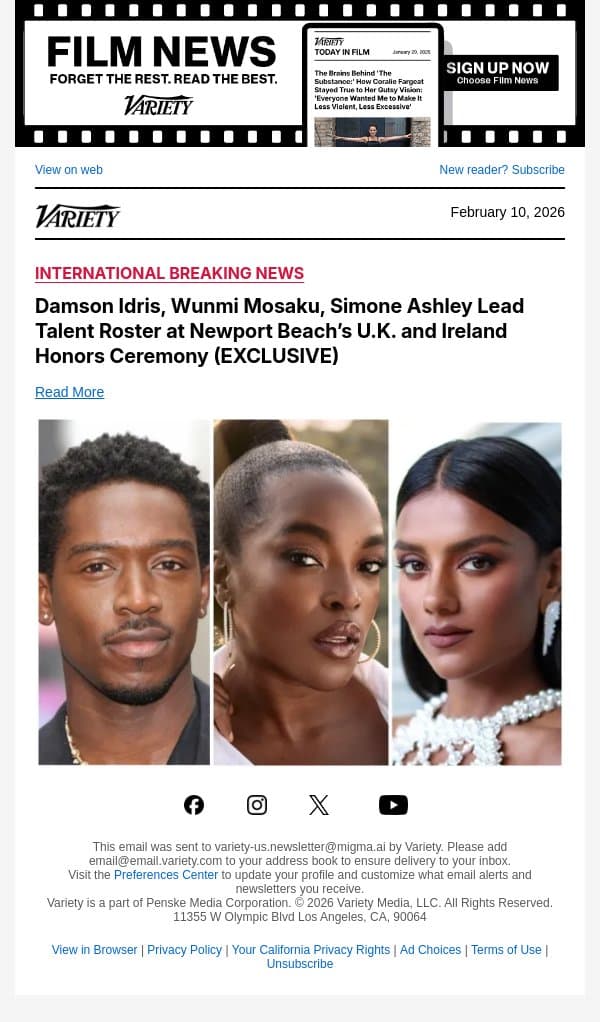 Damson Idris, Wunmi Mosaku, Simone Ashley Lead Talent Roster at Newport Beach’s U.K. and Ireland Honors Ceremony (EXCLUSIVE) email from Variety screenshot