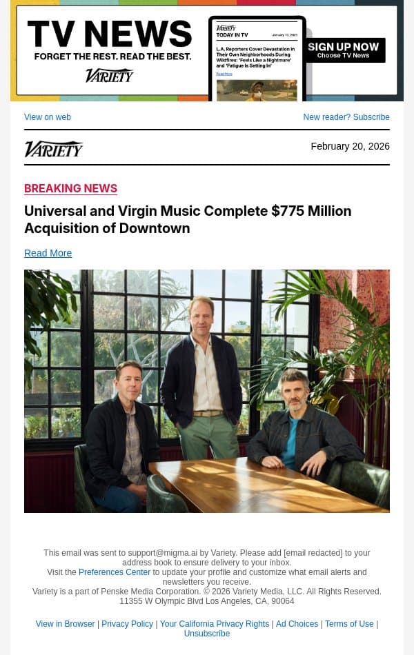Universal and Virgin Music Complete $775 Million Acquisition of Downtown email from Variety screenshot