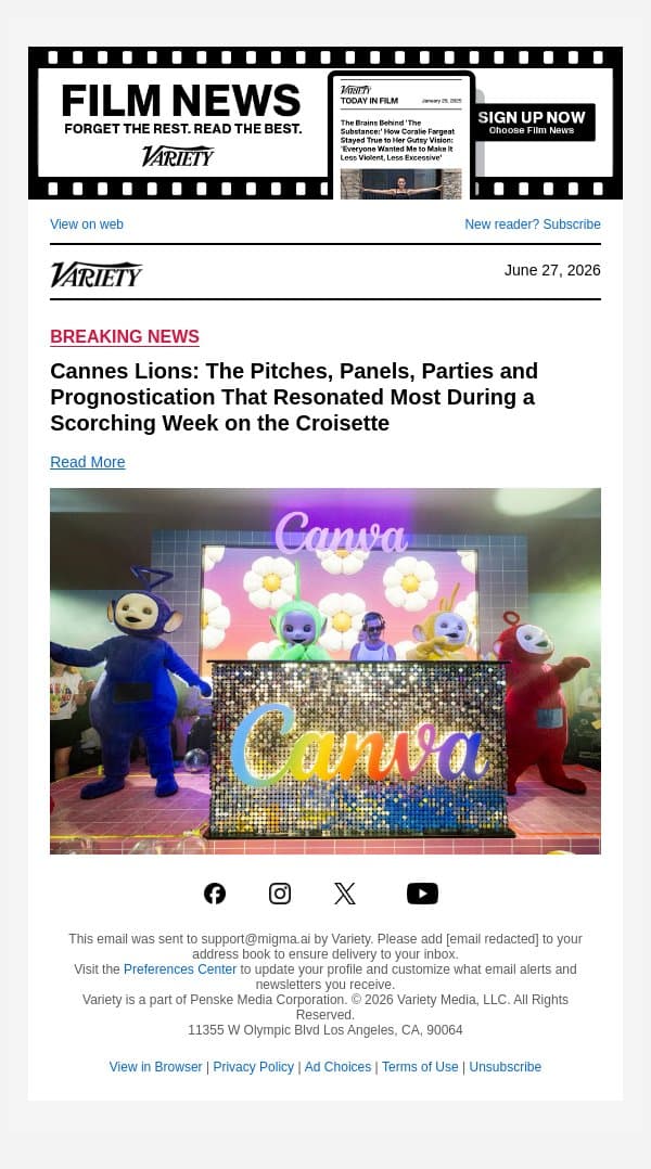 Cannes Lions: The Pitches, Panels, Parties and Prognostication That Resonated Most During a Scorching Week on the Croisette email from Variety screenshot