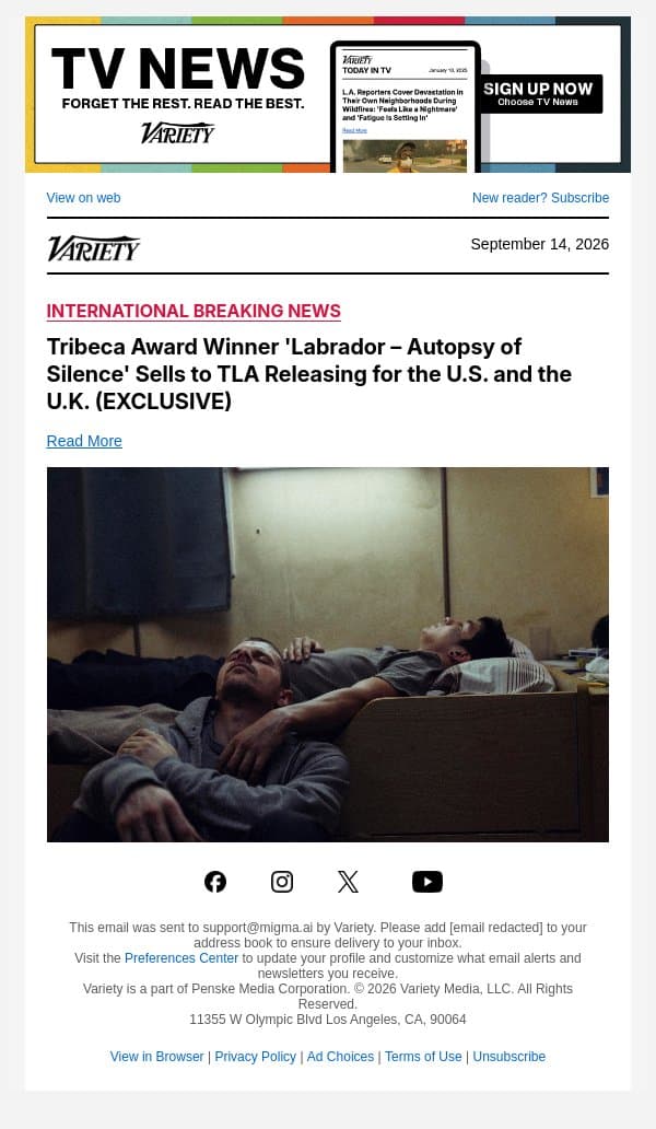 Tribeca Award Winner 'Labrador – Autopsy of Silence' Sells to TLA Releasing for the U.S. and the U.K. (EXCLUSIVE) email from Variety screenshot